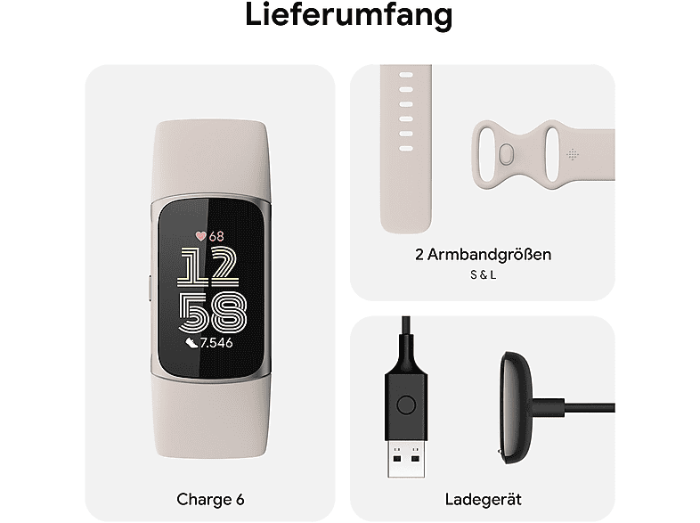 FITBIT Charge 6, Fitness Tracker, S, L, Porcelain
