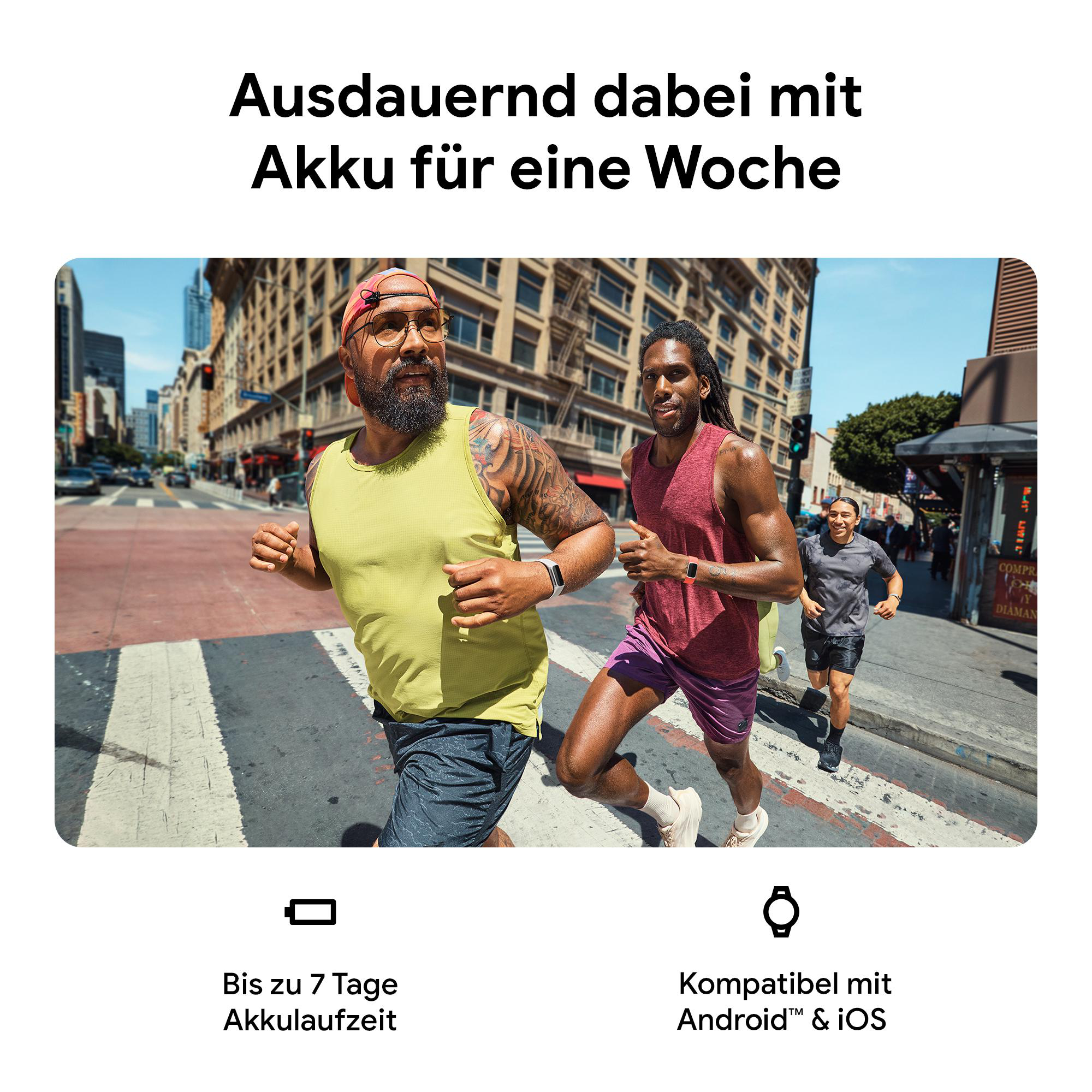 Zwei Männer laufen auf einer Stadtstraße. Text-Overlay: „Ausdauernd mit Akku für eine Woche“.