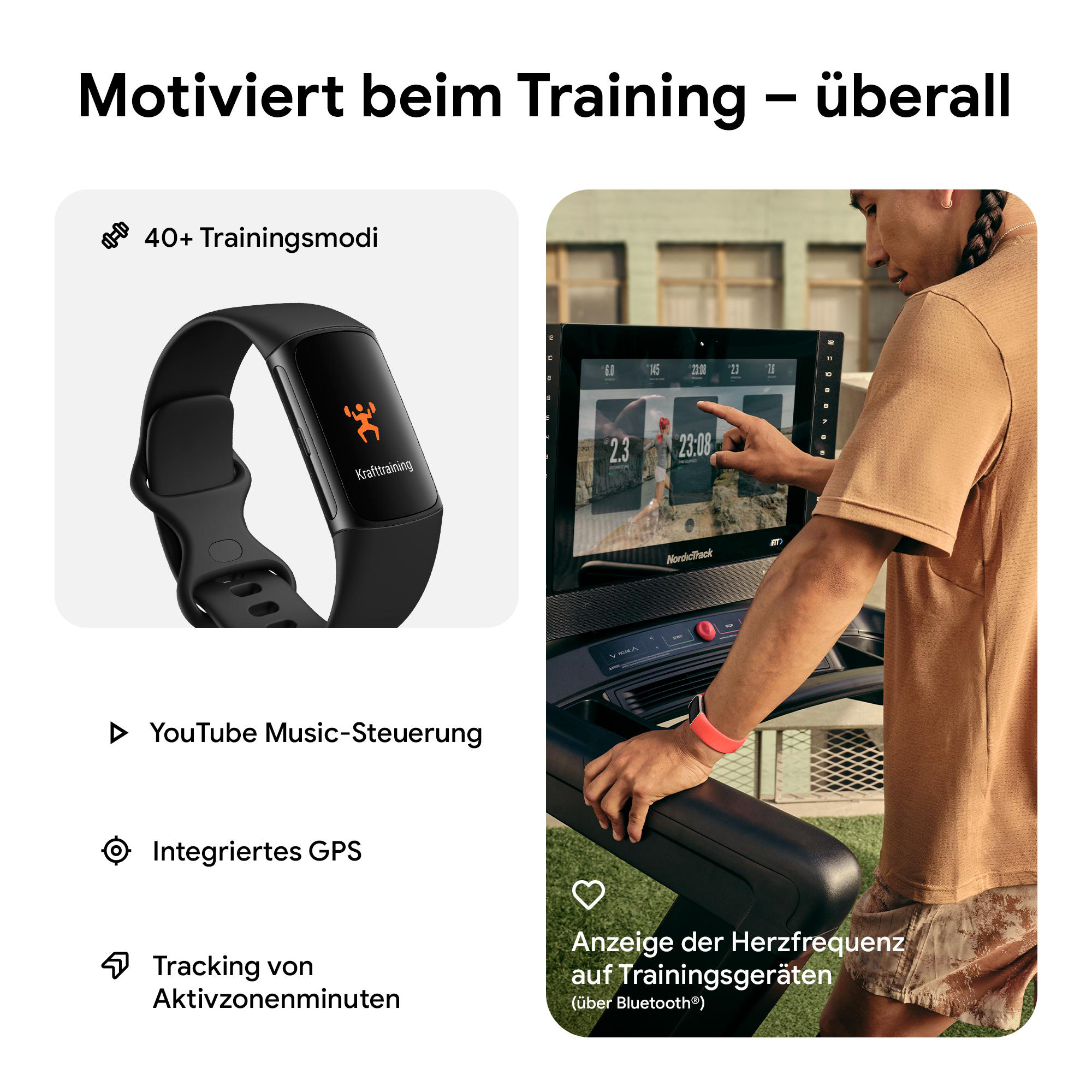 Mann auf Laufband mit Smartwatch und Fitnesstracker, zeigt Trainingsmodi und Herzfrequenz.