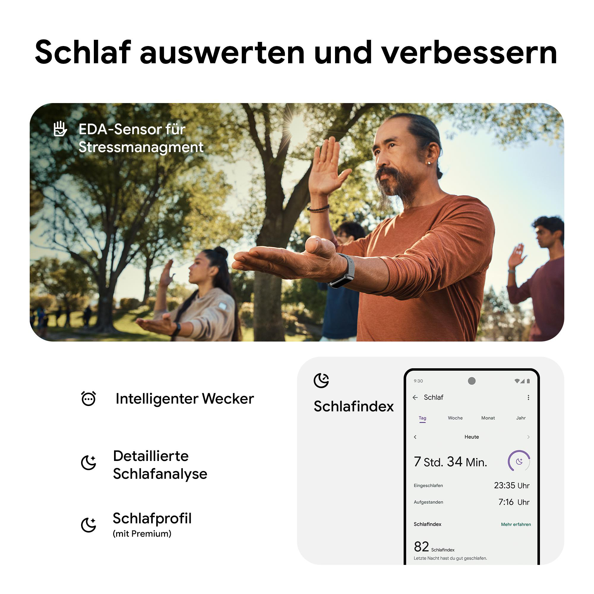 Ein Mann demonstriert eine Yoga-Pose mit anderen im Park, Bildschirm mit Schlafdaten.