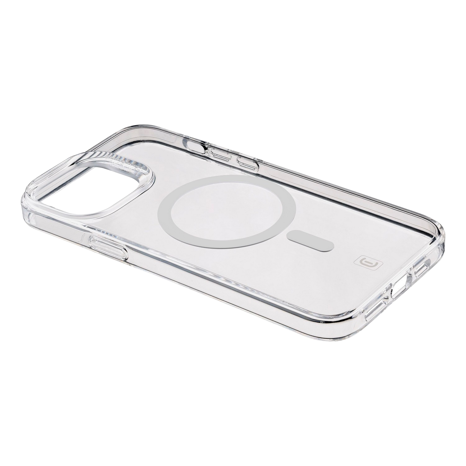 Een doorzichtige iPhone-hoes met een MagSafe-ring. Het heeft een transparant ontwerp en een grijze cirkel.