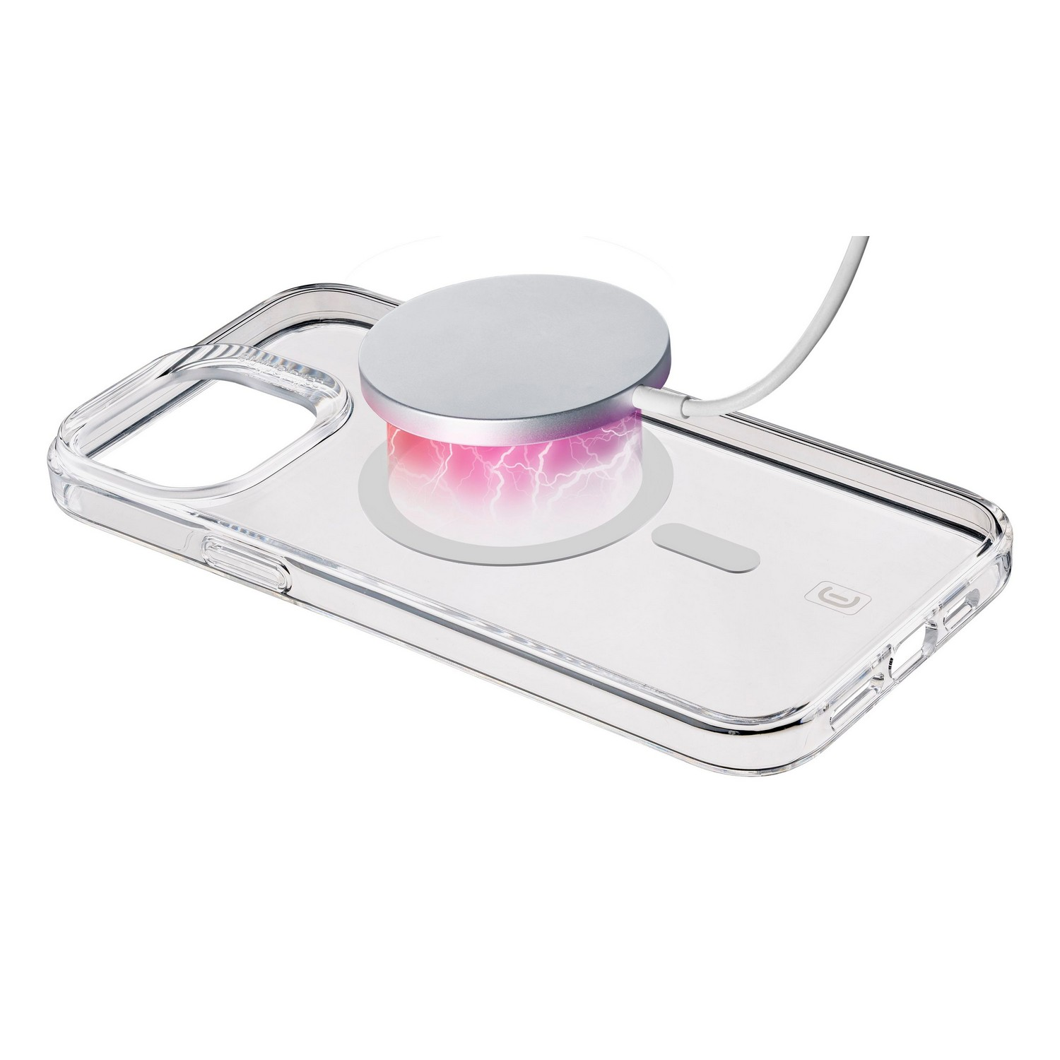 Een telefoon in een transparante hoes op een draadloze oplader, met roze stralingsenergie.