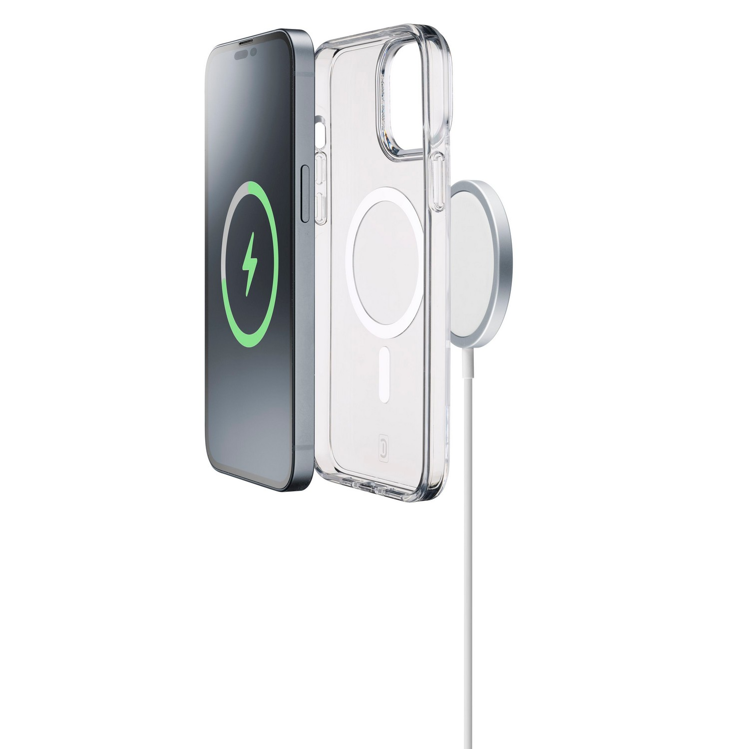 Telefoon met hoesje en oplader. Transparante hoes, witte oplader en groen oplaadicoon.