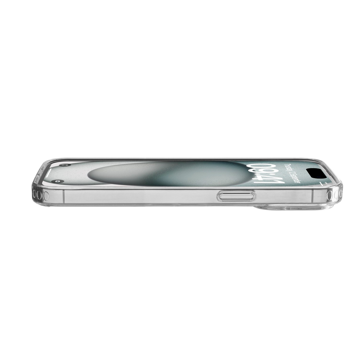 Coque de téléphone transparente avec téléphone, vue latérale.