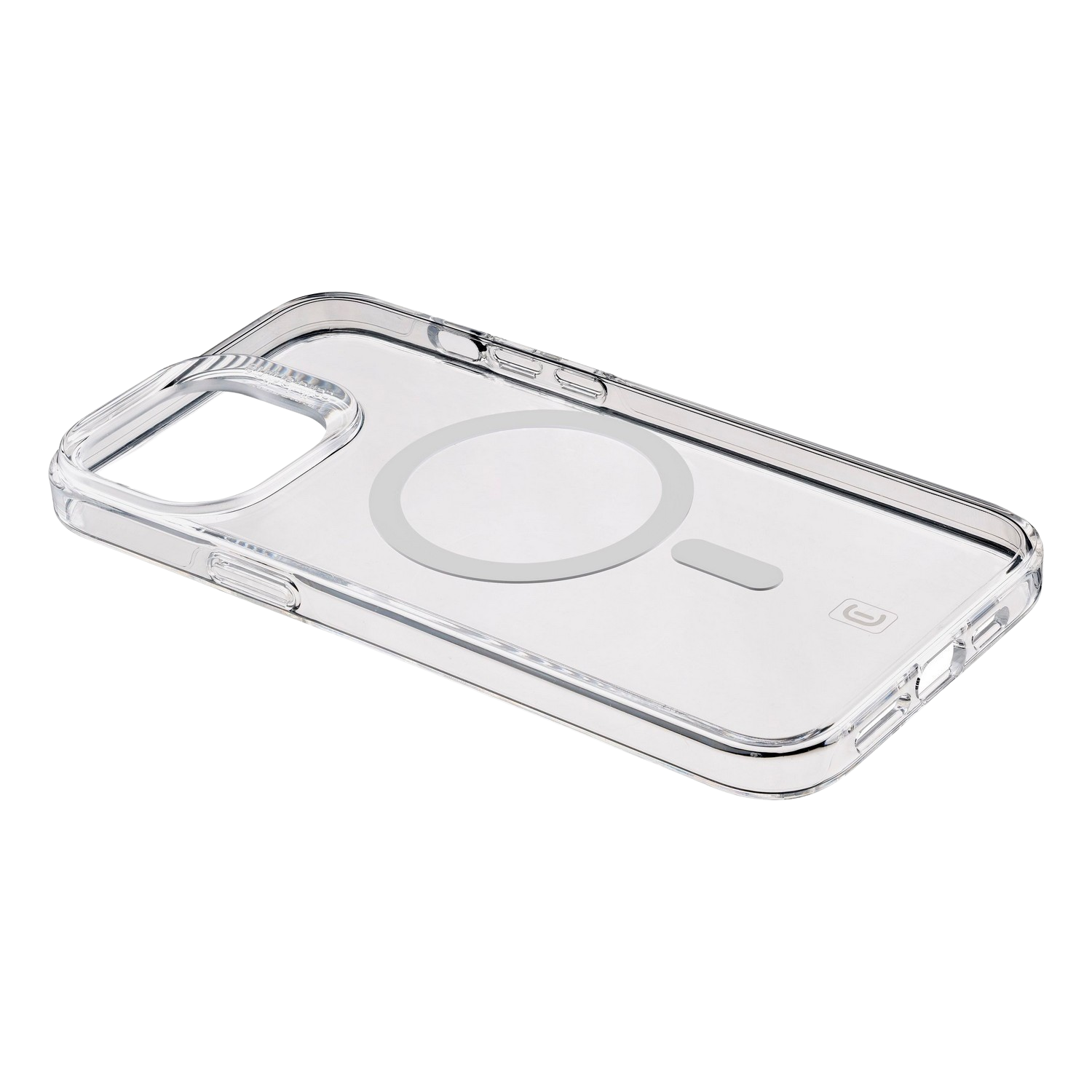 Transparante telefoonhoes met een cirkel en een rechthoek, voor een iPhone. Gele rand.