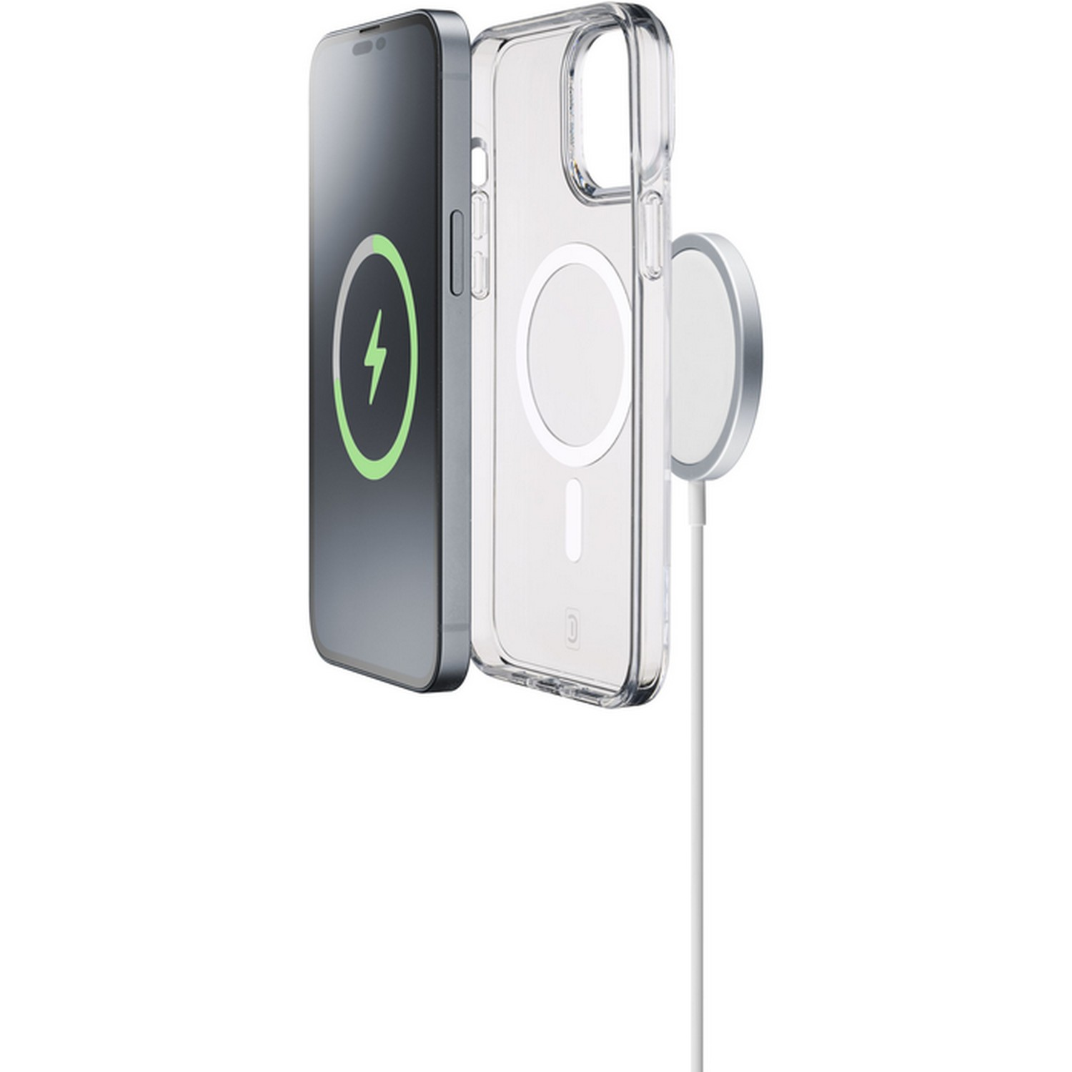 iPhone met hoesje en MagSafe-oplader. Telefoon links, doorzichtige hoes, oplader rechts.