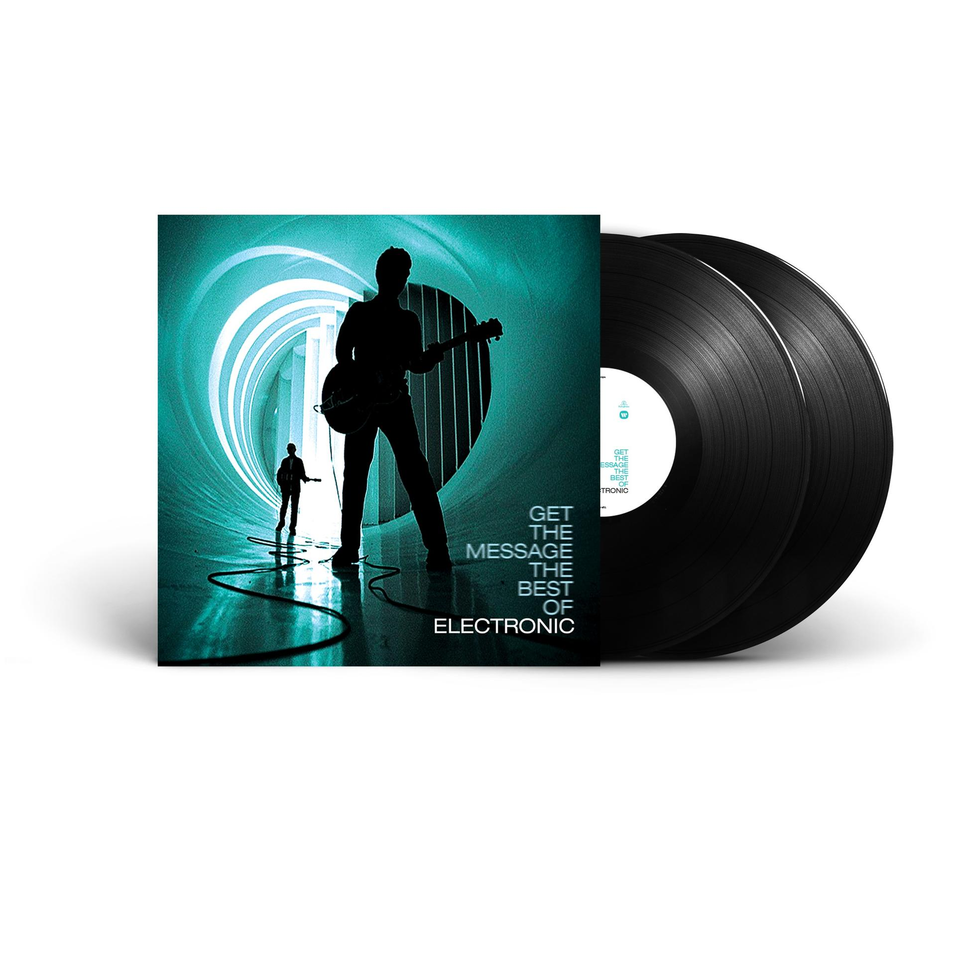Albumcover mit zwei schwarzen Schallplatten. Das Bild zeigt eine Silhouette einer Person, die Gitarre spielt.
