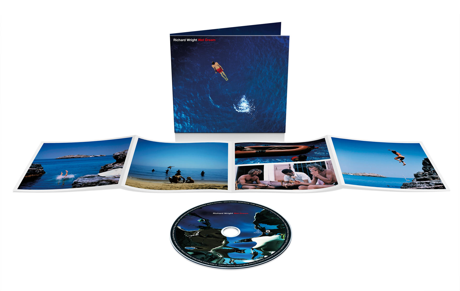 CD-album borító és betétek. Egy személy a tengerbe ugrik. A lemez az album címével látható.