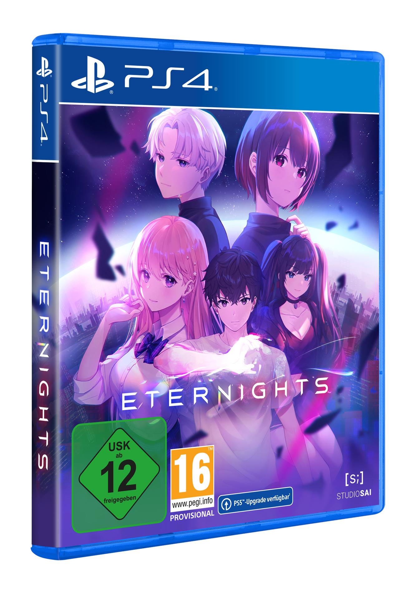 PS4-Spielbox: Eternights. Anime-Charaktere. Blaue Box, farbenfrohe Kunst. Ab 16 Jahren.