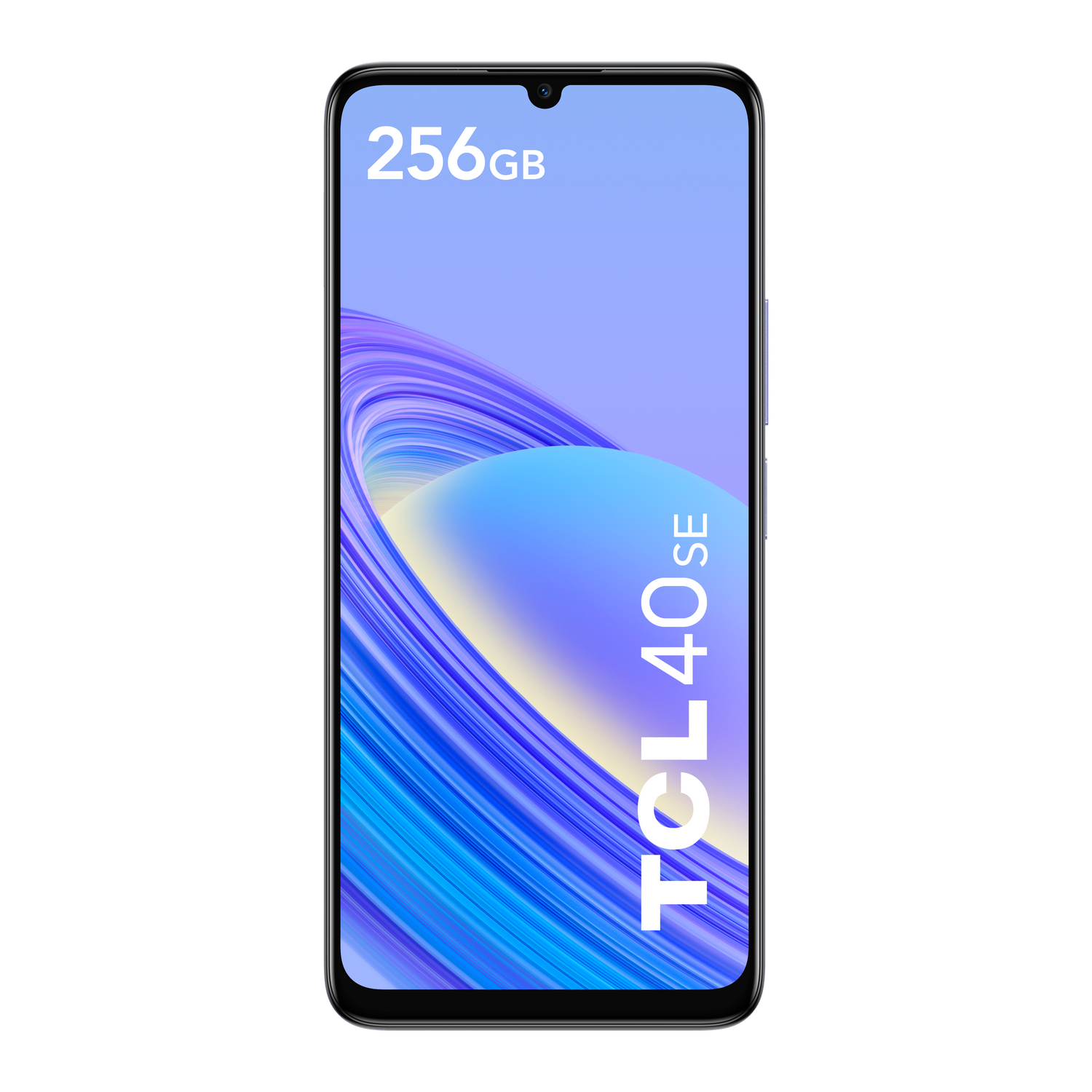 Smartphone TCL 40 SE, negro. Pantalla muestra patrón ondulado y texto "256GB" y "TCL 40 SE".