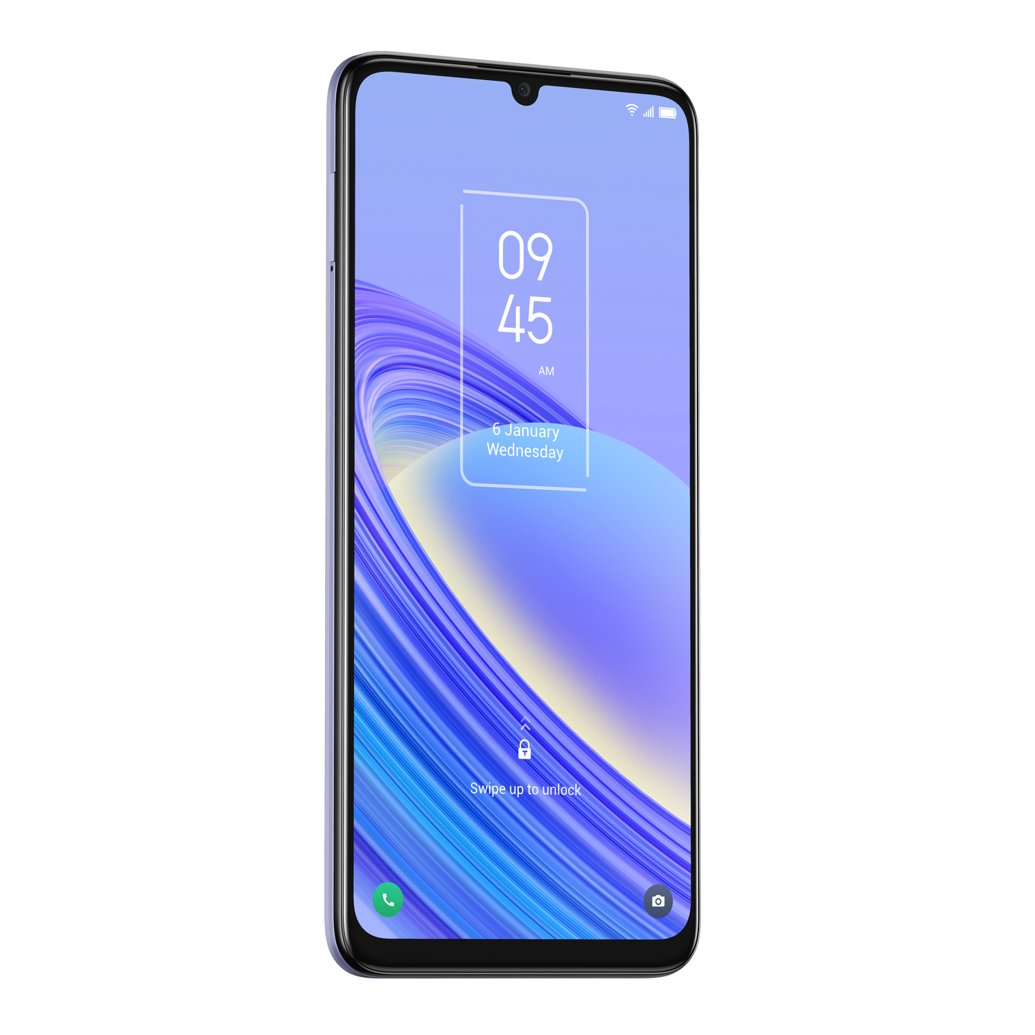 Smartphone TCL con pantalla con degradado azul que muestra la hora y la fecha.