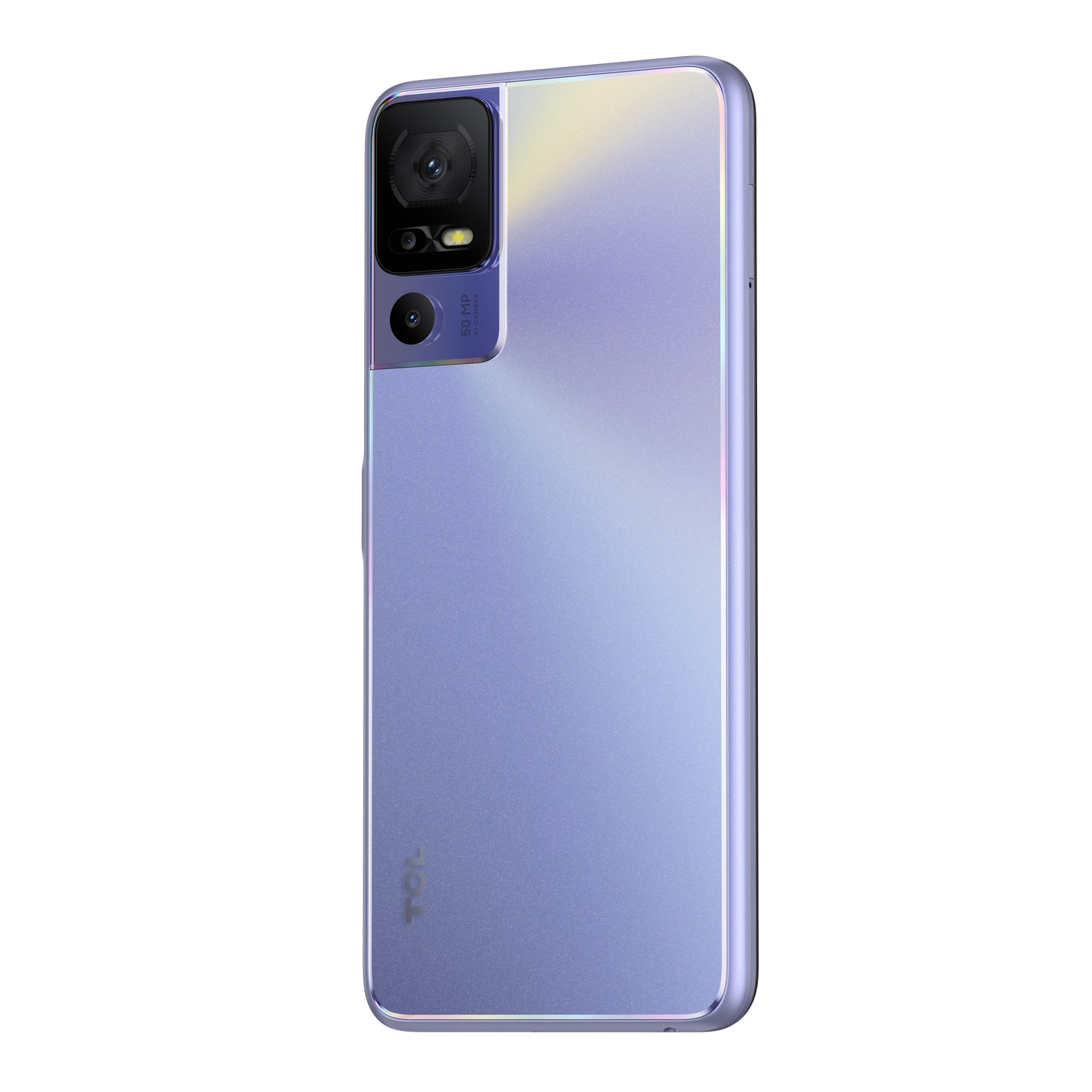 Parte trasera de teléfono morado. Cámara y logo TCL visibles. Fondo negro.