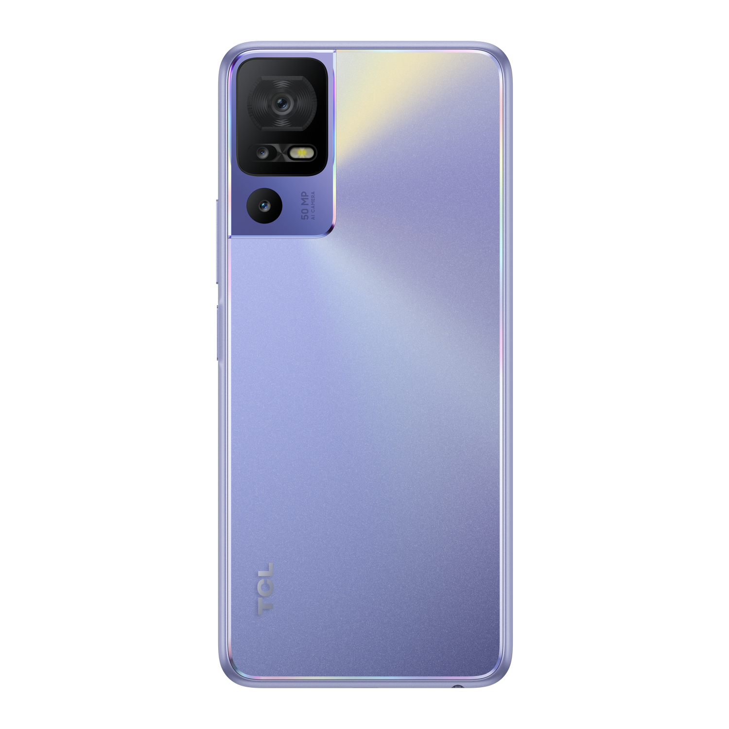 Un teléfono morado con cámaras en la esquina superior izquierda y un logotipo de TCL abajo.