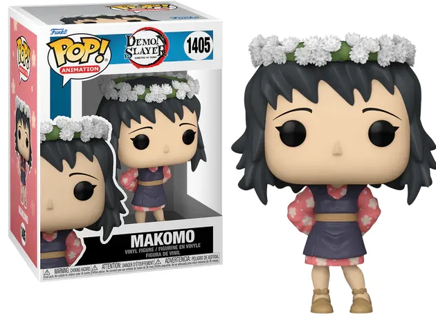 Una figura Funko Pop de Makomo, un personaje de Demon Slayer, en una caja. Lleva una corona de flores.