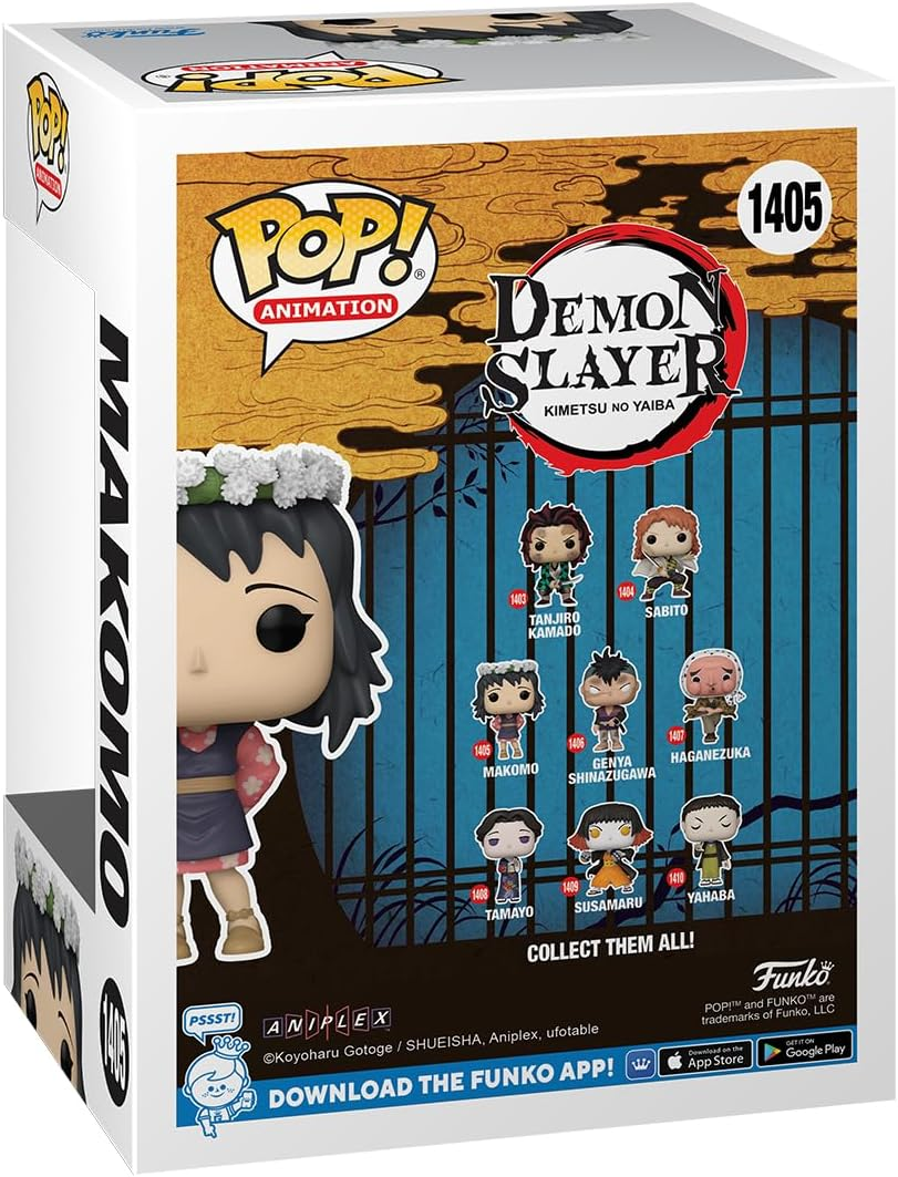 Parte trasera de una caja Funko Pop con personajes del anime Demon Slayer.