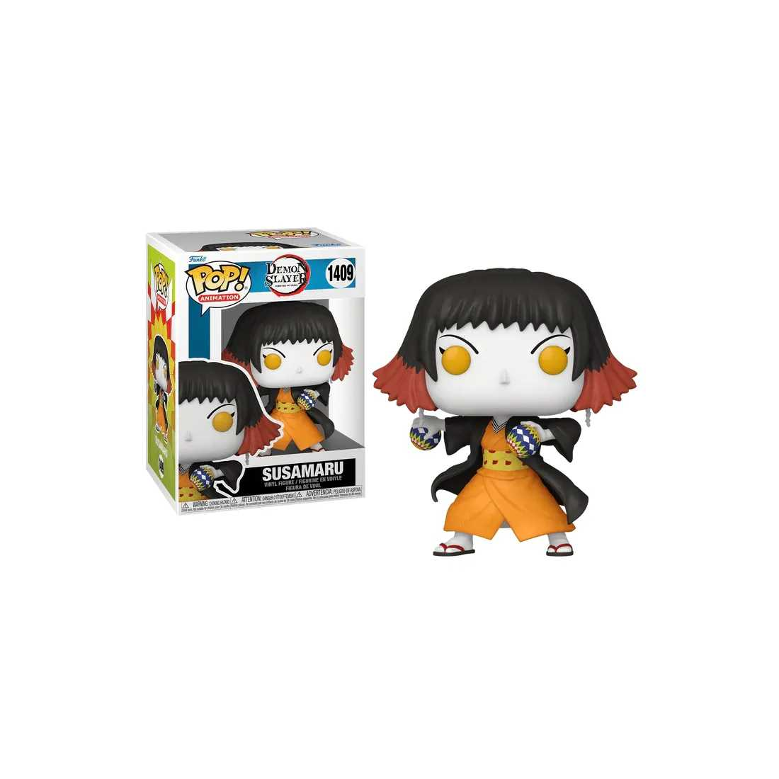 Figura Susamaru Funko Pop. La figura está en una caja con gráficos de dibujos animados. Fondo blanco.