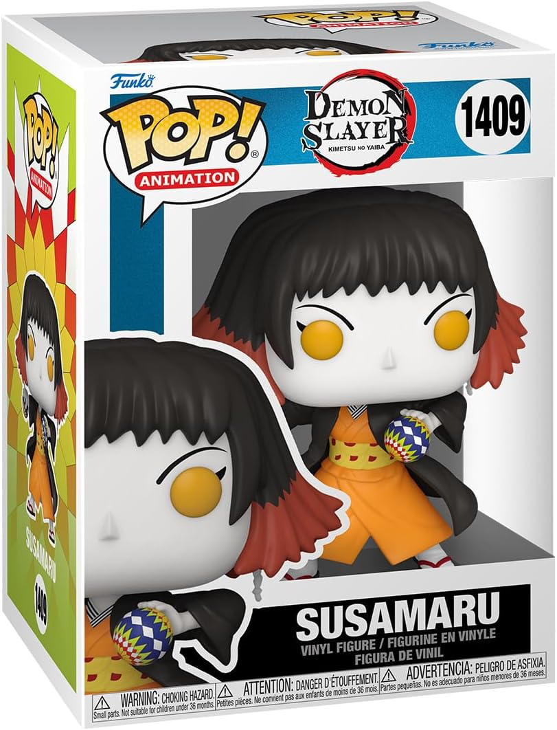 Una figura Funko Pop! de Susamaru de Demon Slayer. Está en una caja con texto e imágenes japonesas.