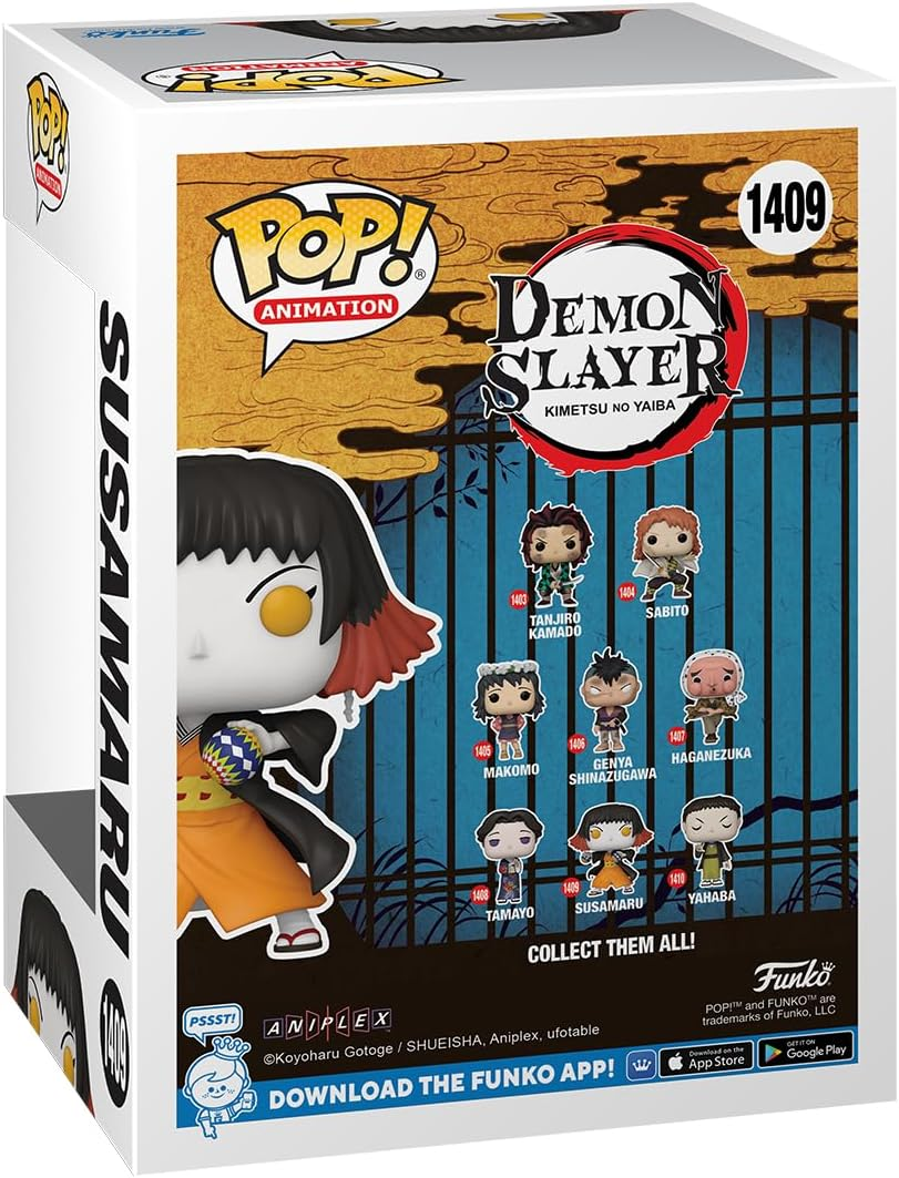 Caja Funko Pop: figura de Demon Slayer Susamaru con imágenes de personajes en la parte posterior.