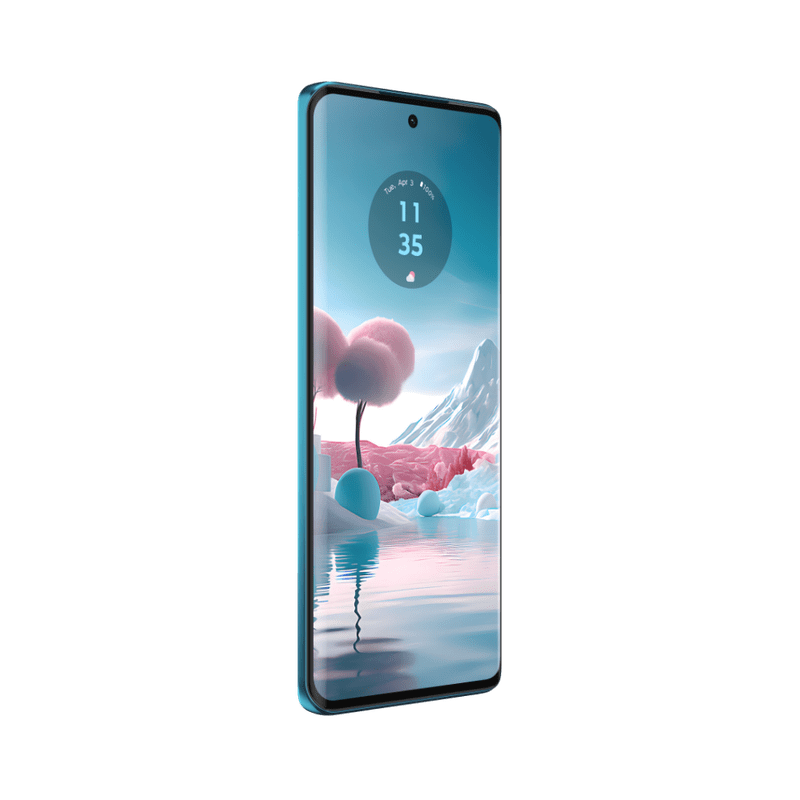 Un smartphone azul que muestra un paisaje surrealista con árboles rosas y una montaña.