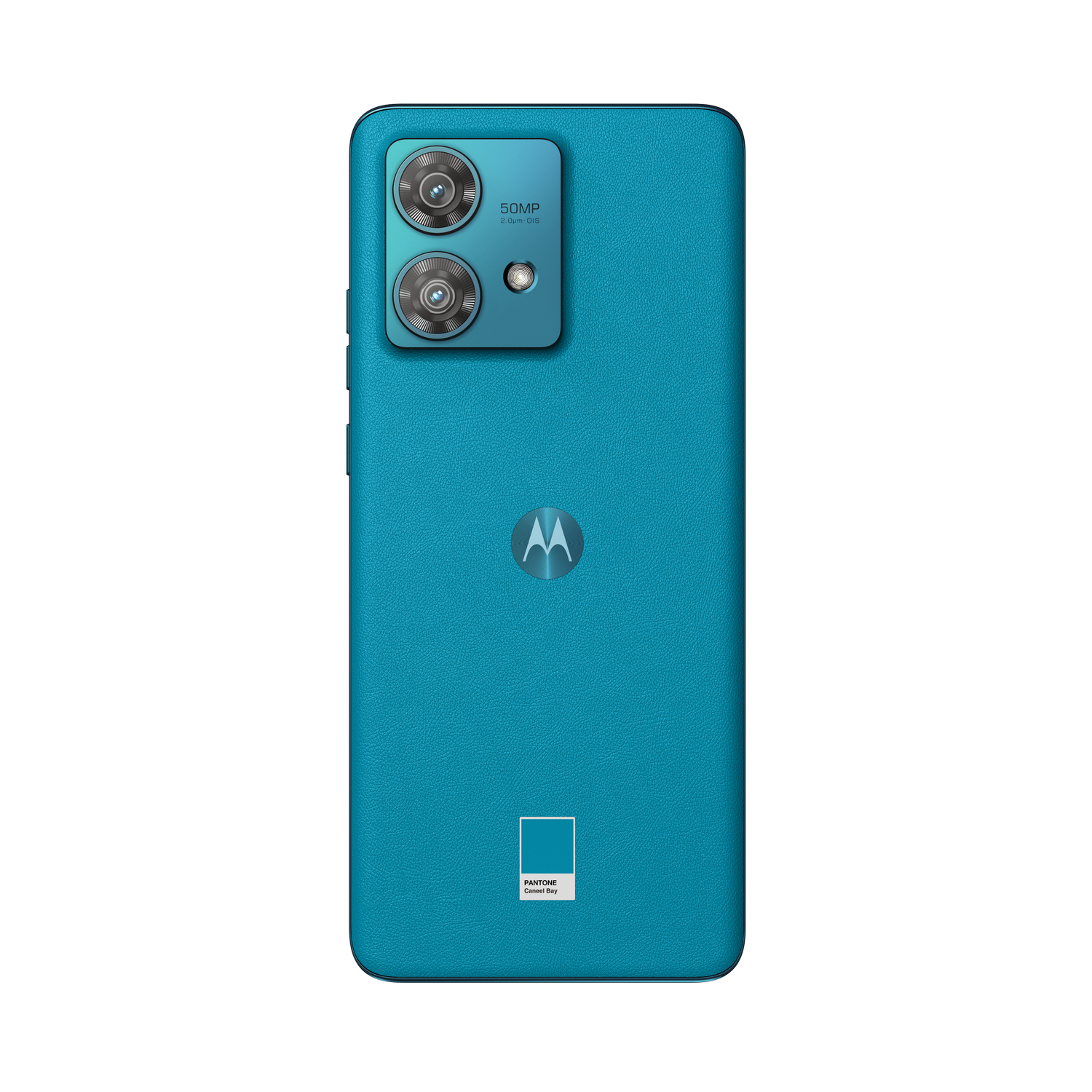 Smartphone azul con detalles de la cámara y una muestra de color Pantone en la parte trasera.