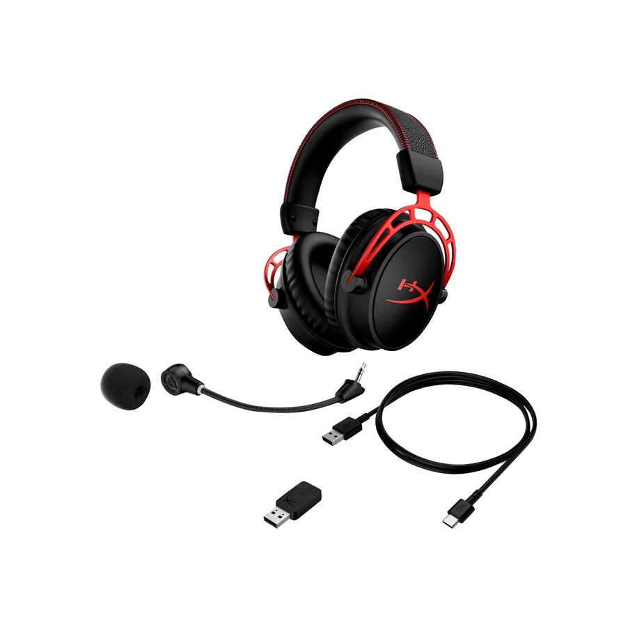 Auriculares gaming HyperX negros y rojos con micro extraíble y accesorios sobre fondo blanco.
