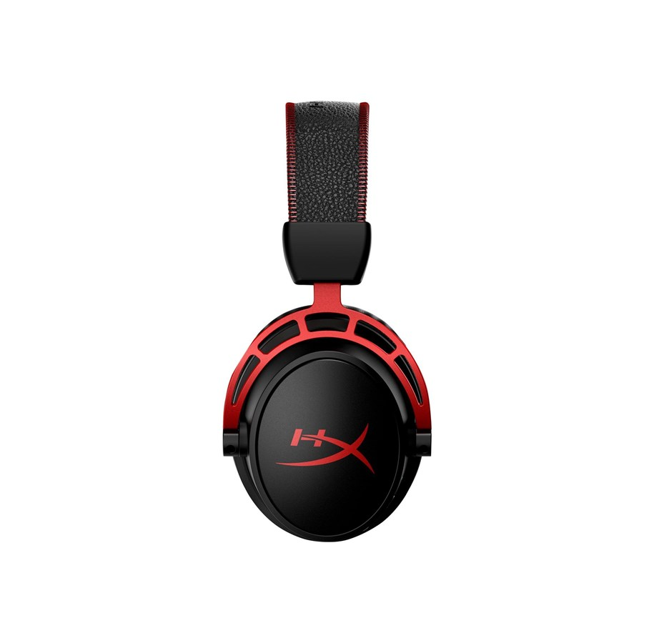 Auriculares negros y rojos con el logotipo de HyperX sobre un fondo blanco.