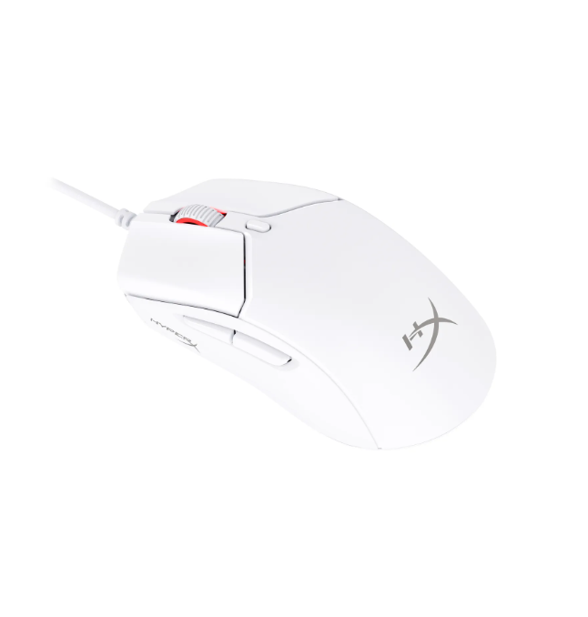 Ratón gaming blanco con rueda roja y logo HyperX sobre fondo blanco.