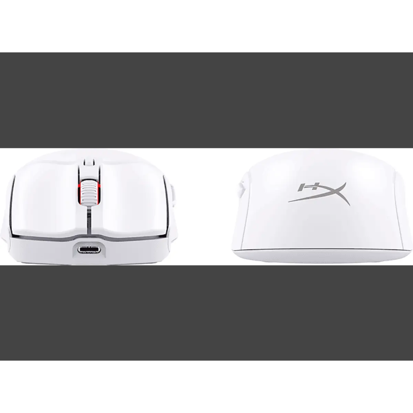 Ratón gaming blanco, vistas superior y lateral. Logotipo HyperX visible. Fondo oscuro.