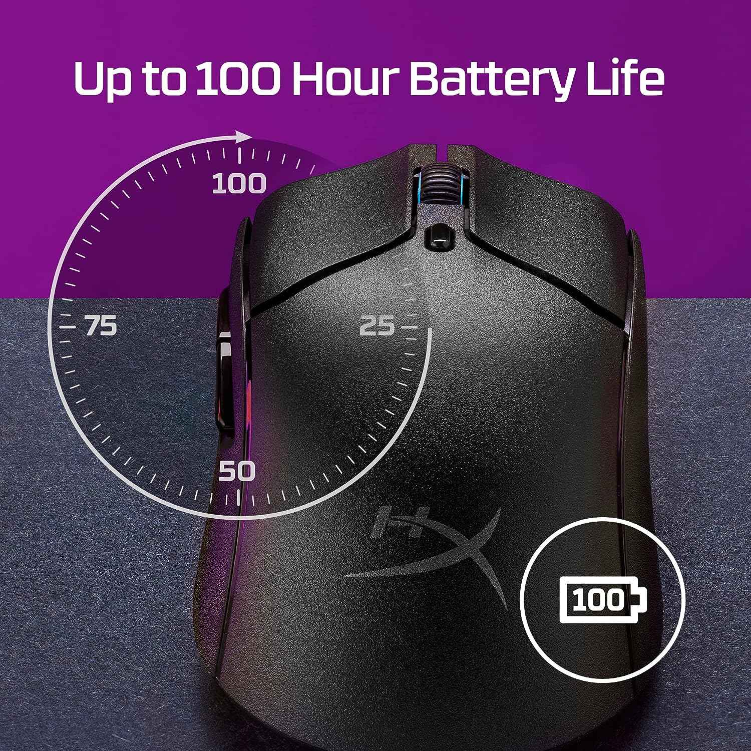Ratón negro con indicador de duración de la batería. El ratón tiene el logotipo de HyperX. El indicador está sobre un fondo púrpura.
