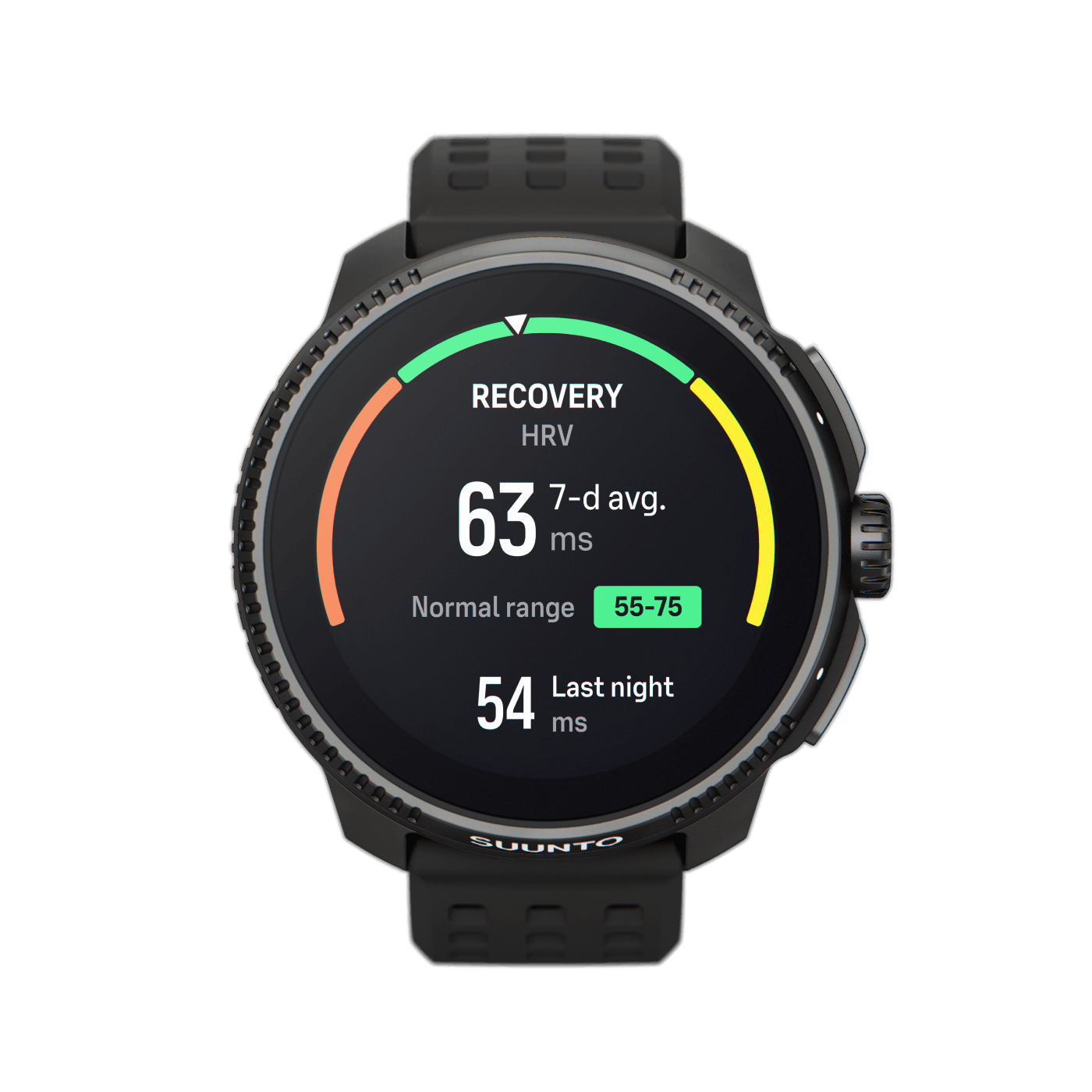 Un reloj inteligente negro que muestra métricas de salud. La pantalla muestra datos de recuperación, HRV y frecuencia cardíaca.