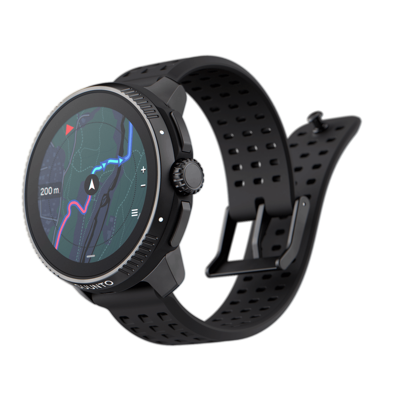 Reloj inteligente Suunto negro, muestra un mapa en pantalla. Correa negra con hebilla.