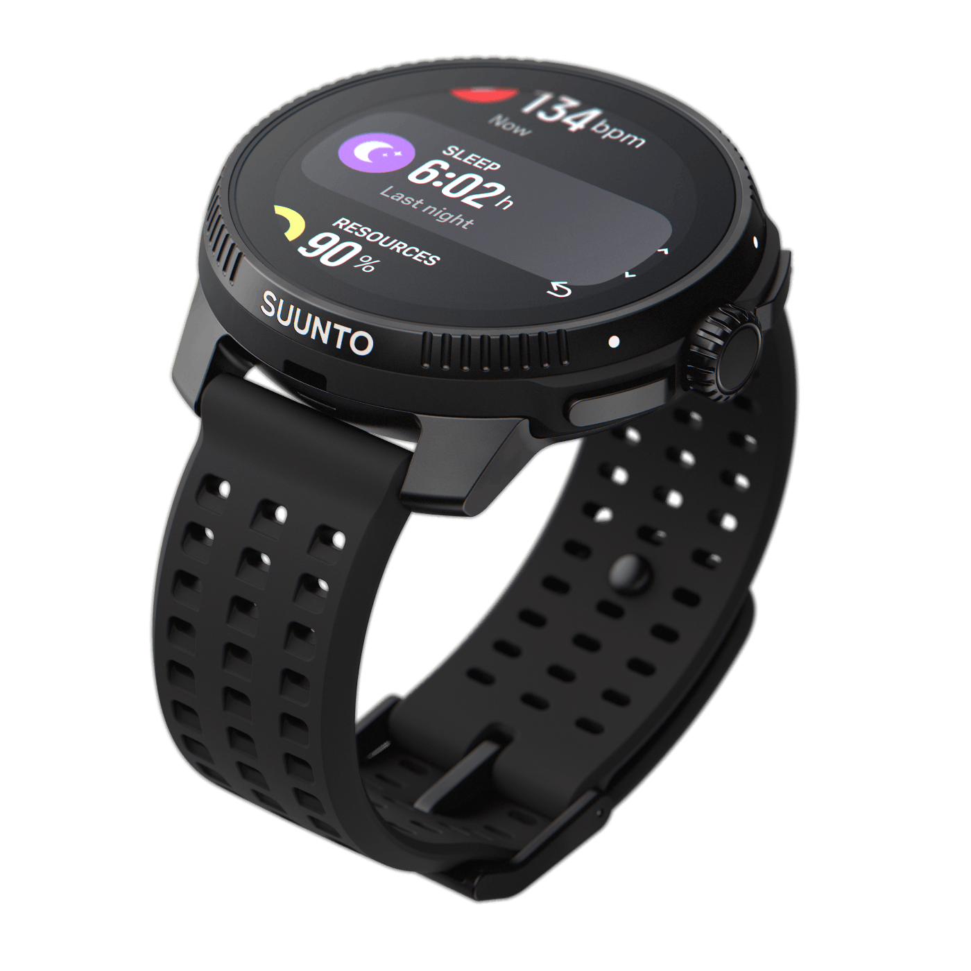 Un reloj Suunto negro con correa negra. La pantalla muestra datos de sueño y frecuencia cardíaca.