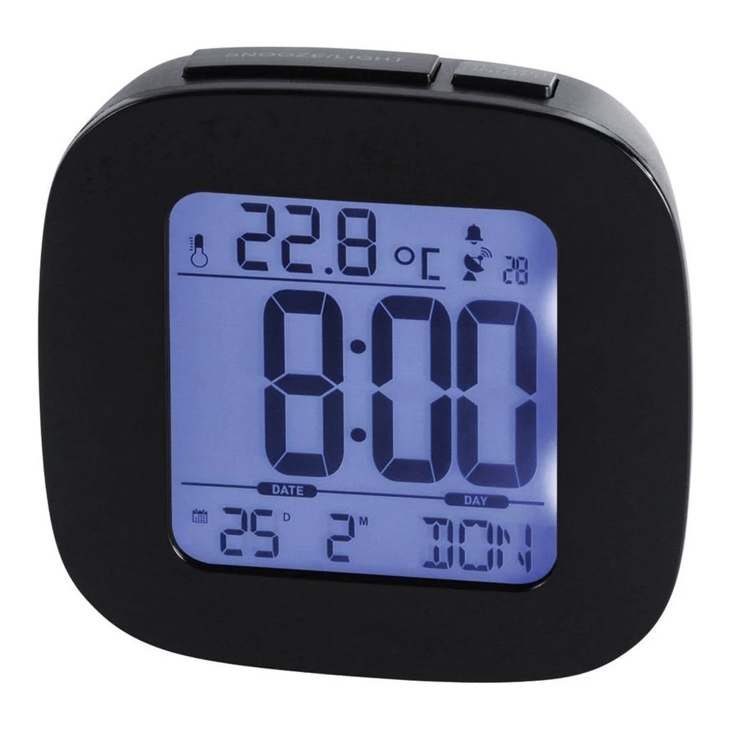 Un despertador digital cuadrado negro que muestra la hora 8:00 y la fecha 25/2.