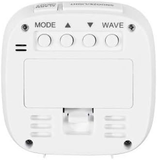 Parte trasera de un despertador blanco con botones MODE, WAVE y una pantalla.