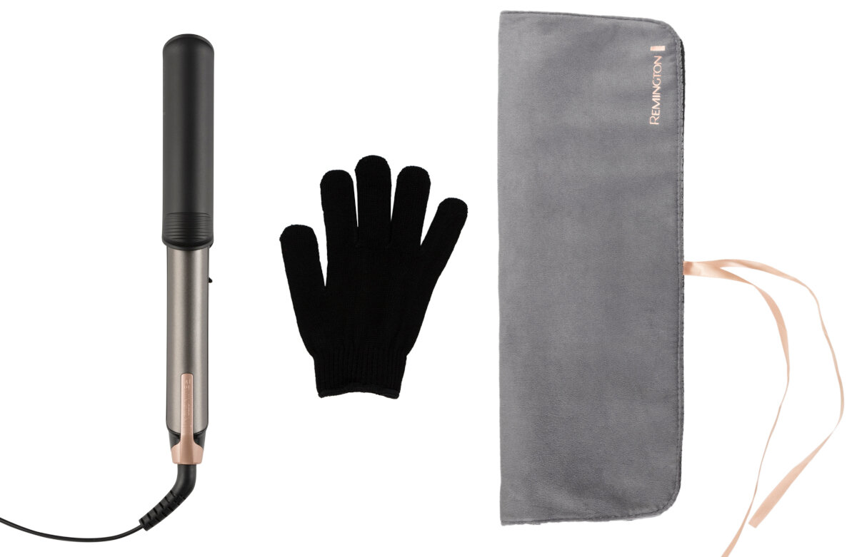 Lokówka z rękawicą i etui. Wszystkie elementy są czarne i szare.