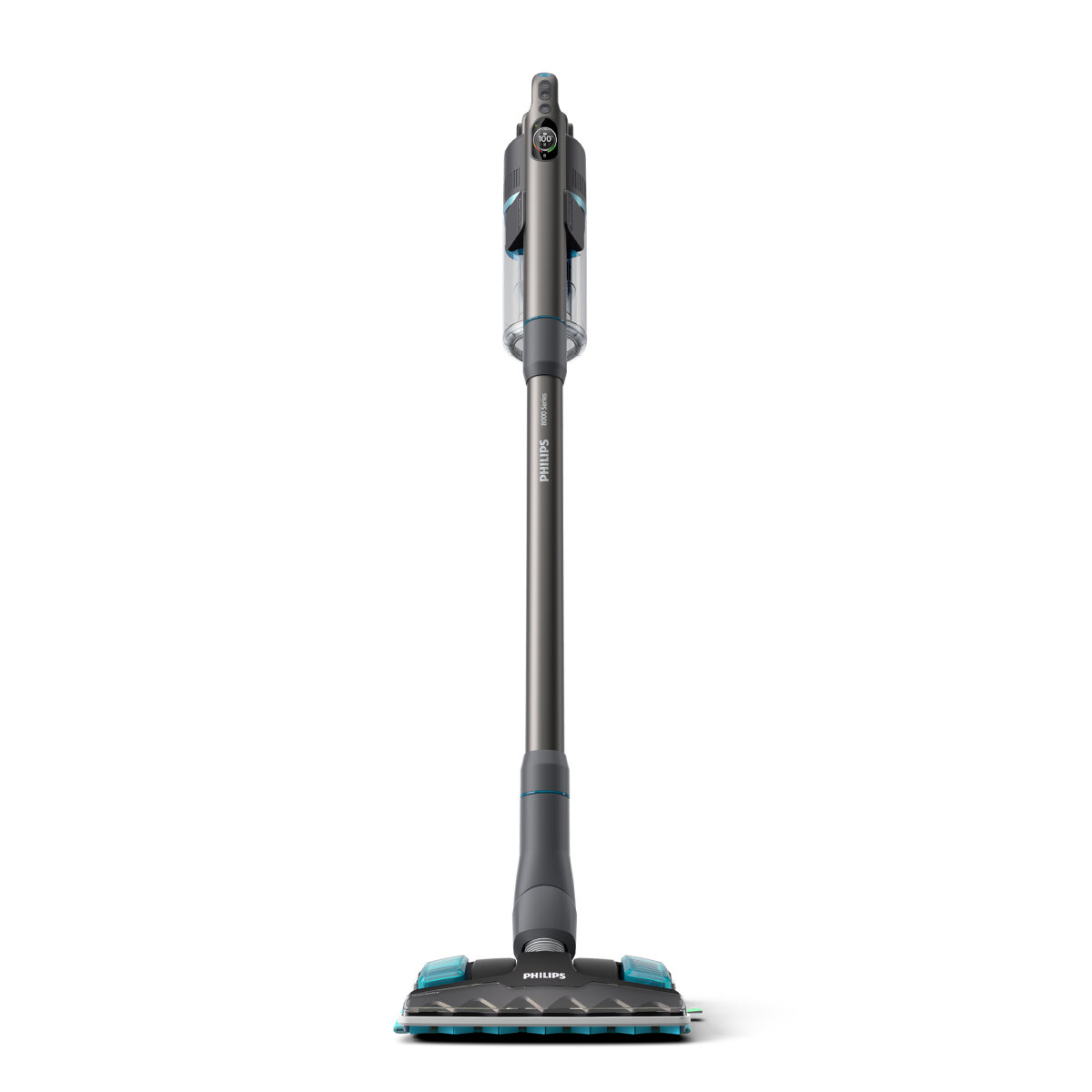 Szaro-niebieski odkurzacz Philips, na białym tle.