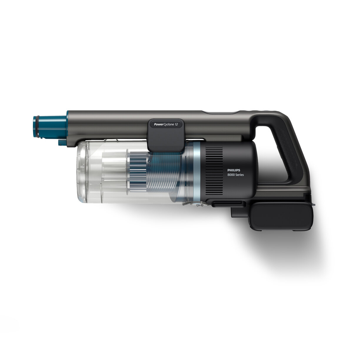 Szary odkurzacz Philips PowerCyclone 12. Przezroczysty pojemnik na kurz.