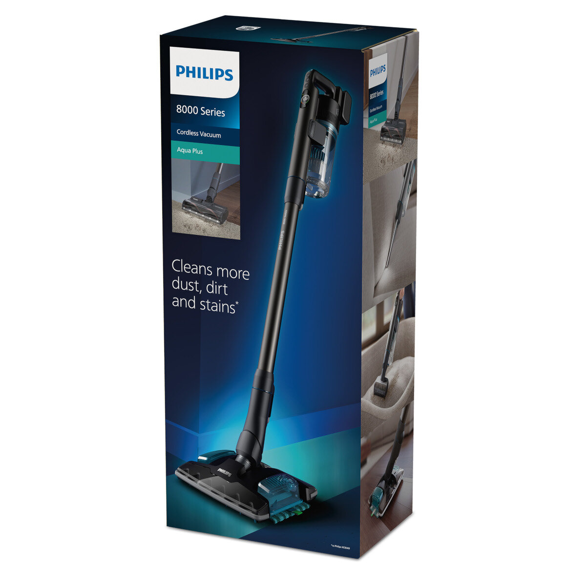 Odkurzacz bezprzewodowy Philips serii 8000 w pudełku, z wieloma widokami.