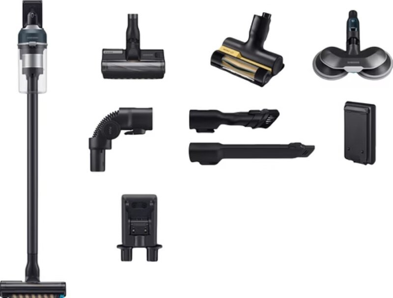 Odkurzacz z kilkoma nasadkami, pokazujący różne części i ich zastosowania.