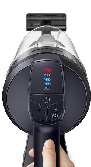 Widok z góry na bezprzewodowy odkurzacz Samsung. Panel wyświetlacza z przyciskami sterowania.