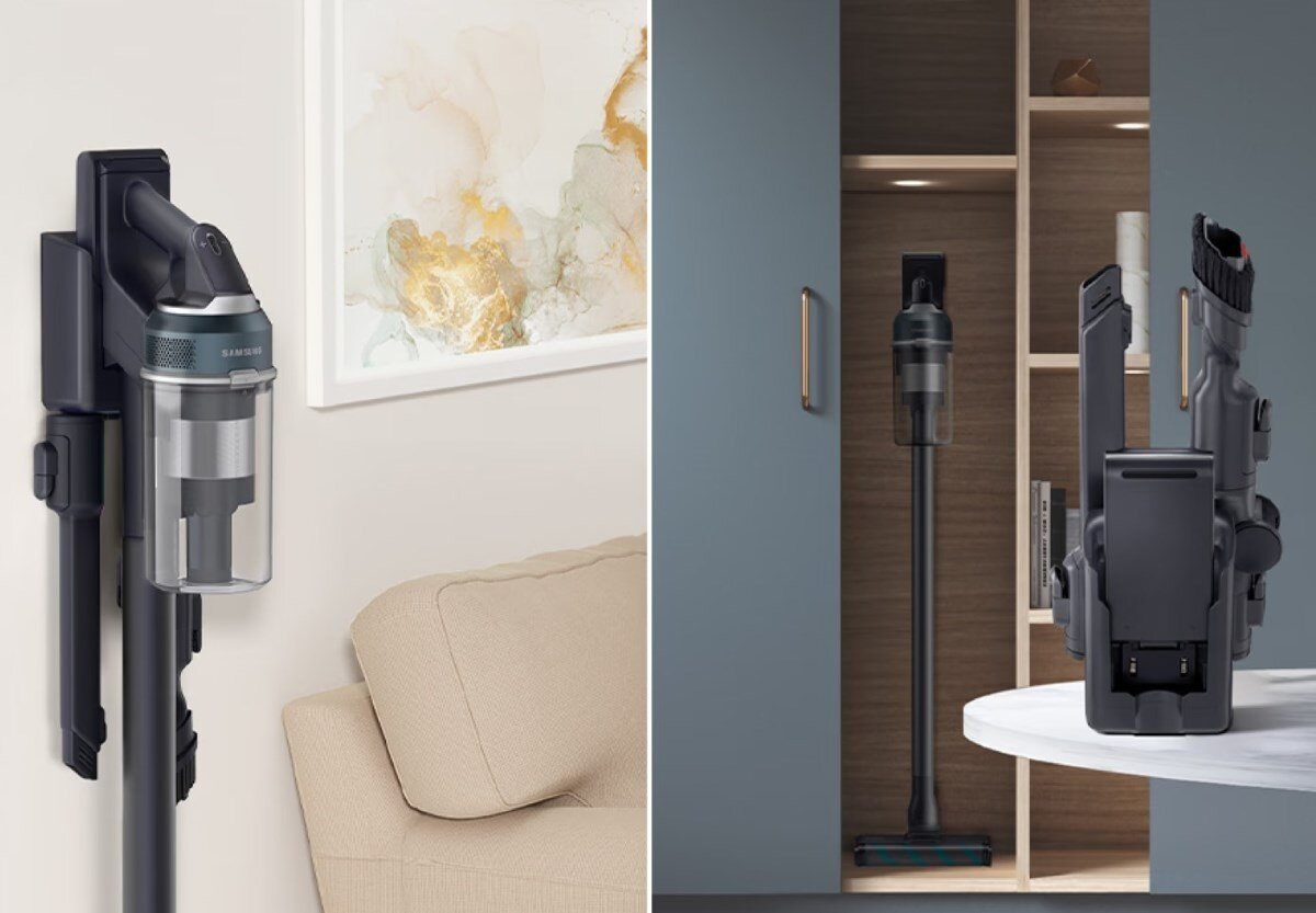 Zestaw odkurzacza. Jeden jest zamontowany na ścianie, drugi umieszczony w szafce.