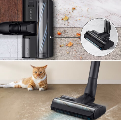 Dwa obrazy odkurzacza czyszczącego podłogę. W pobliżu siedzi kot.