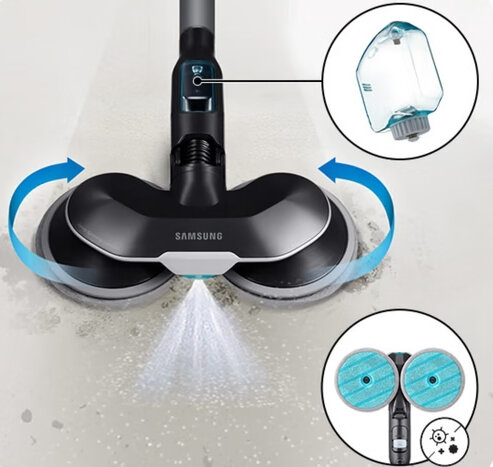 Odkurzacz do podłóg Samsung w akcji, ze spryskiwaniem wodą i obracającymi się nakładkami.