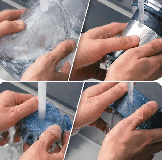 Ręce myjące części maszyny w zlewie. Woda spływa po częściach.