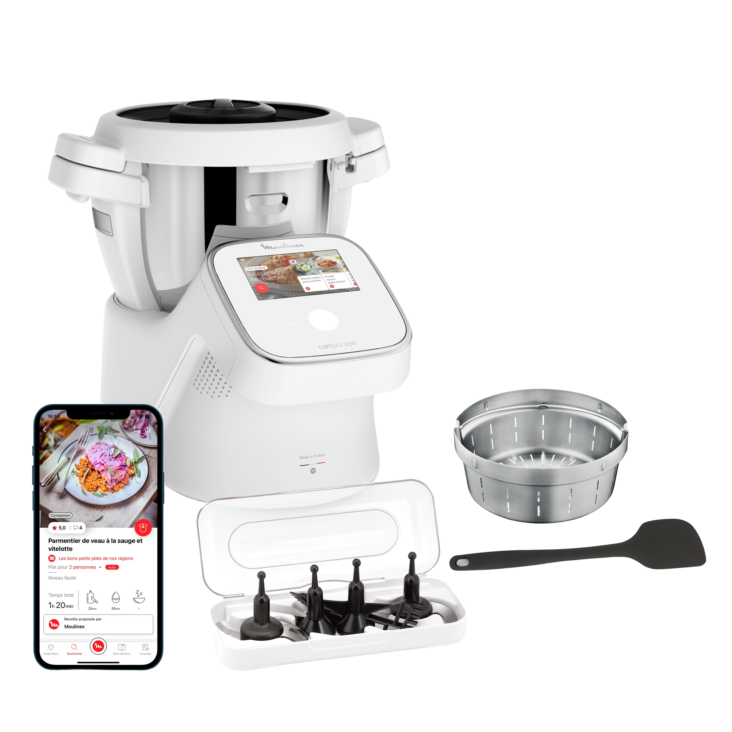 Electrodoméstico de cocina blanco con pantalla táctil, accesorios y un smartphone con receta.