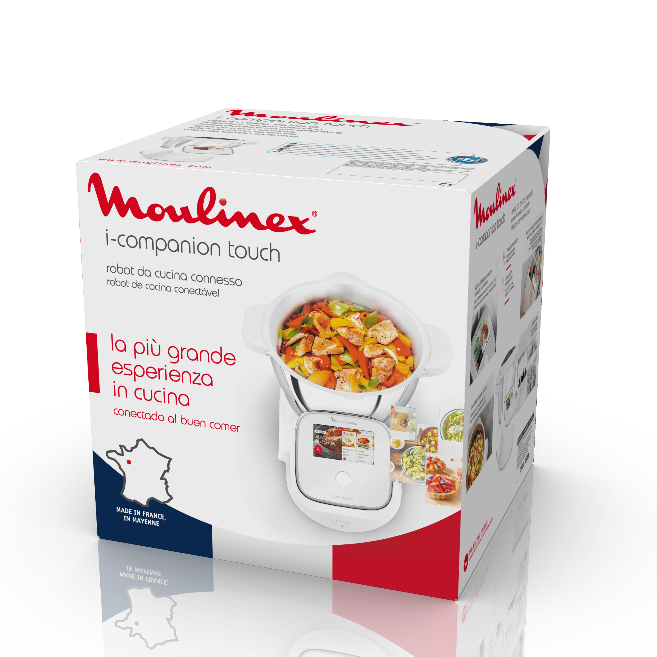 Caja del robot de cocina Moulinex i-Companion Touch, mostrando el producto e imágenes de cocina.