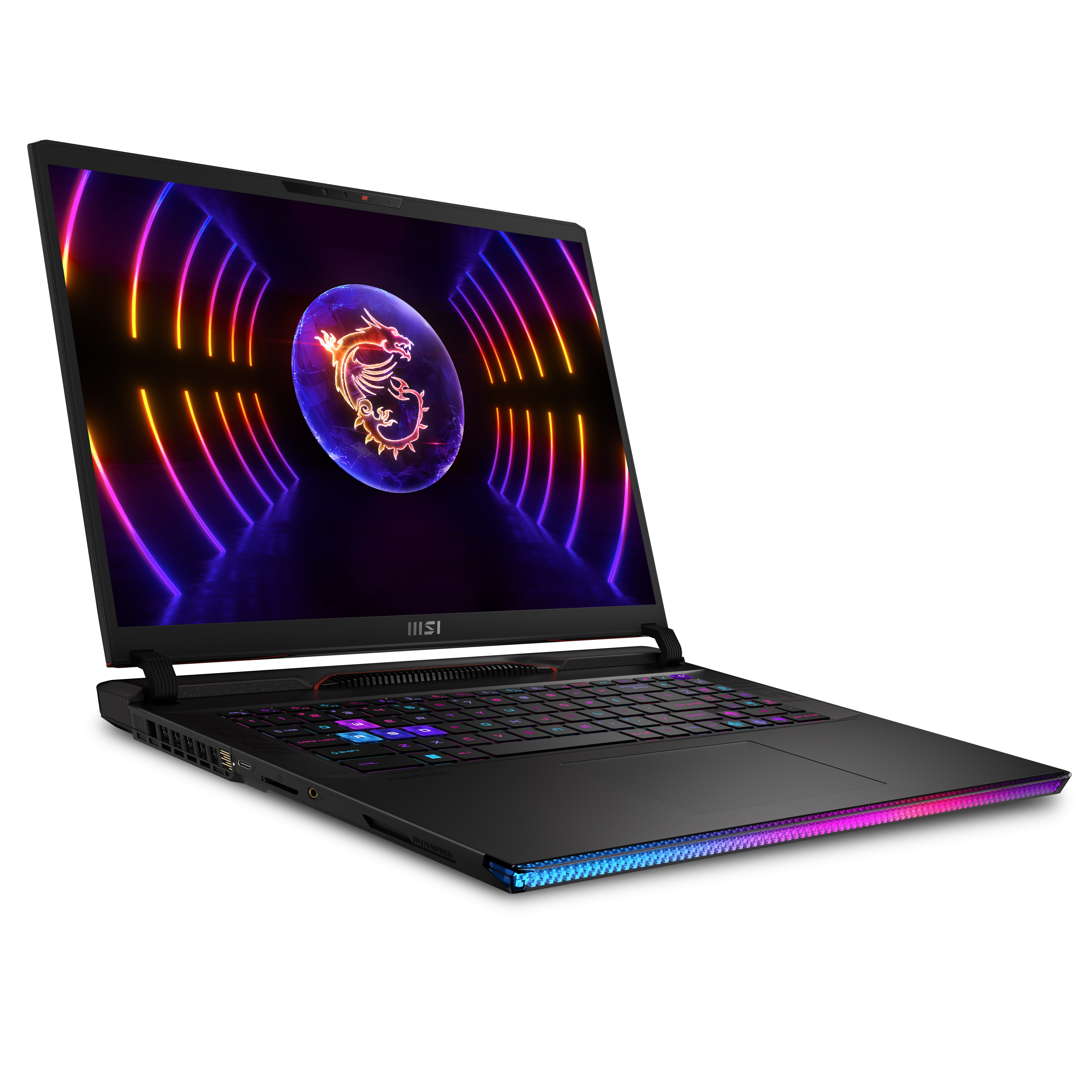 Laptop MSI sobre fondo blanco. Portátil abierto con logo dragón y teclado colorido.
