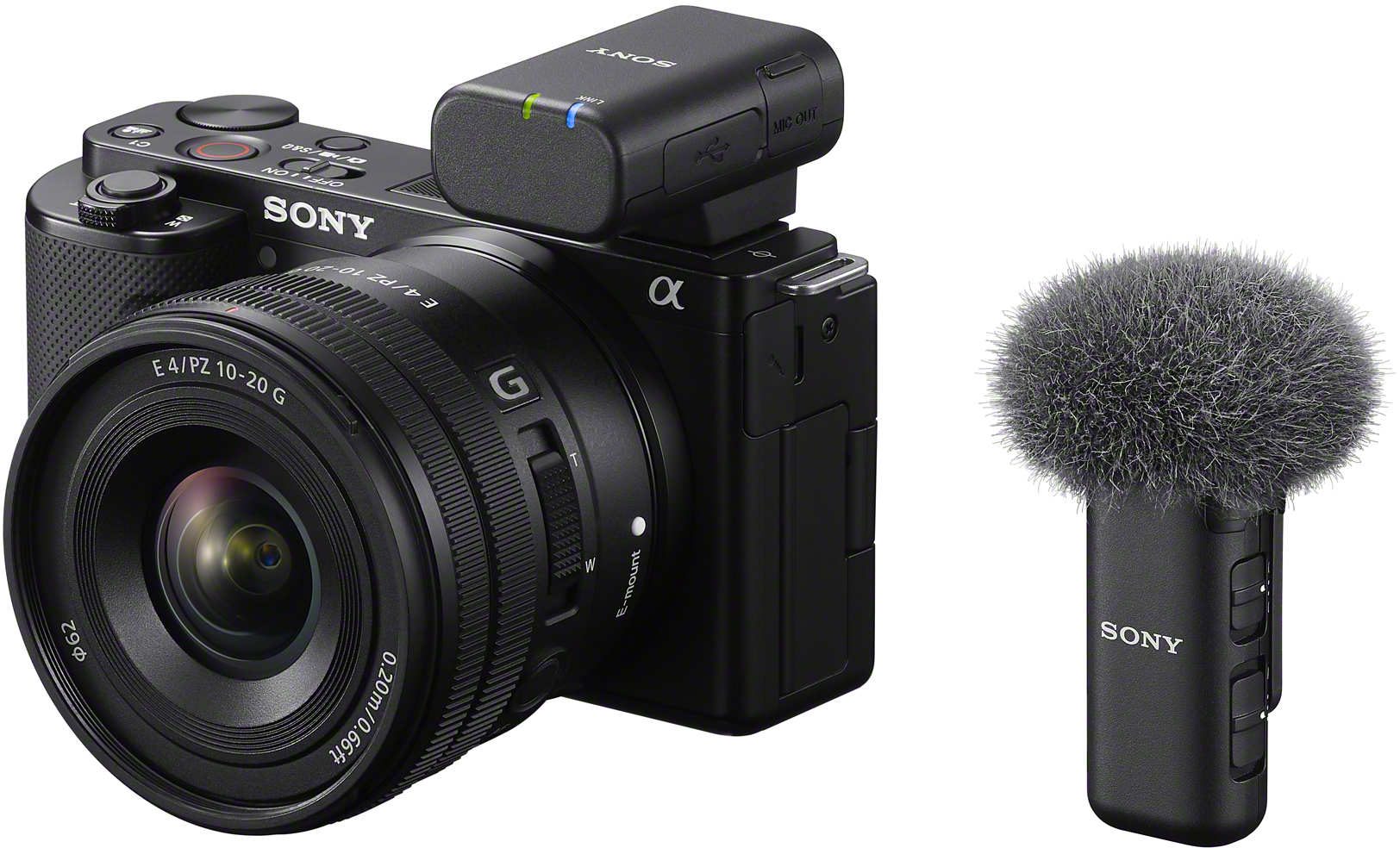Sony-Kamera mit Mikrofon und Zubehör. Schwarzes Gehäuse, Objektiv und Mikrofon.