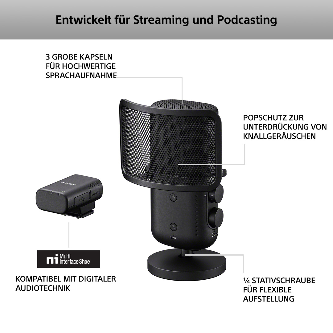 Ein schwarzes Mikrofon mit Pop-Filter und Bedienelementen. Das Gerät ist für Streaming und Podcasting konzipiert.