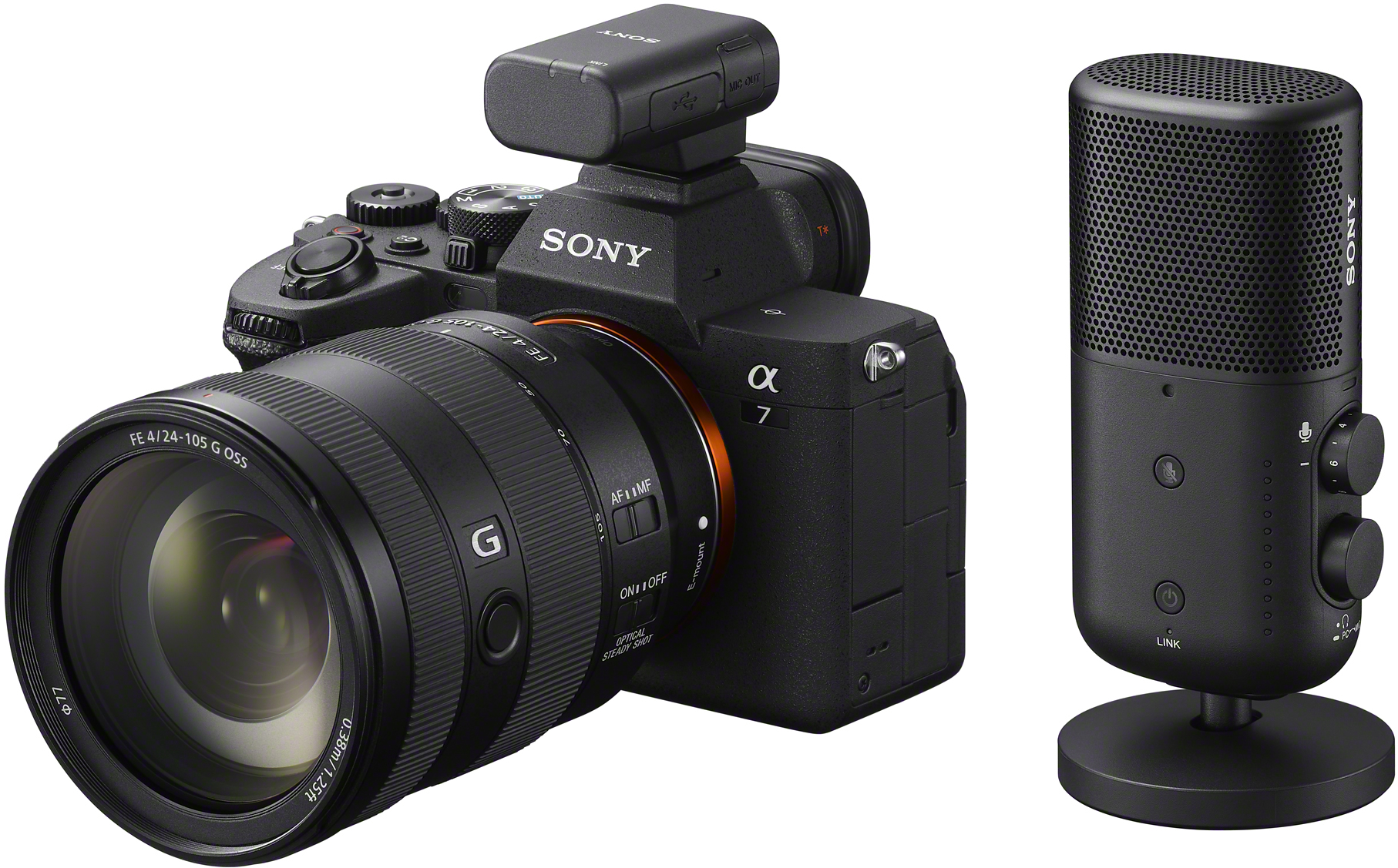 Eine schwarze Sony-Kamera mit Objektiv und ein schwarzes Mikrofon.